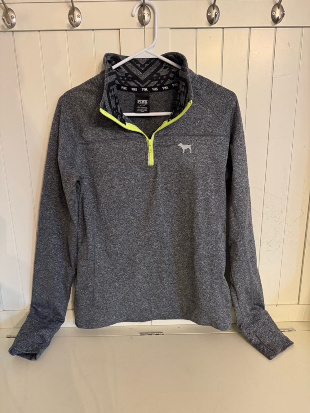 PINK Victoria’s Secret Gray Quarter Zip Pullover Neon Zip Dog Logo Medium